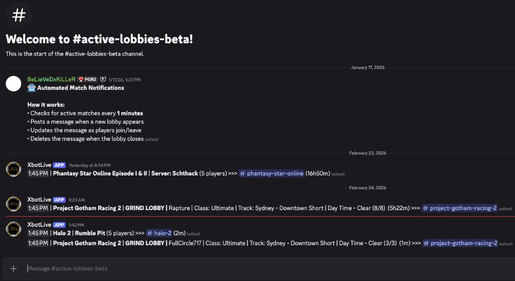Active Lobbies channel on Discord showing automated match notifications